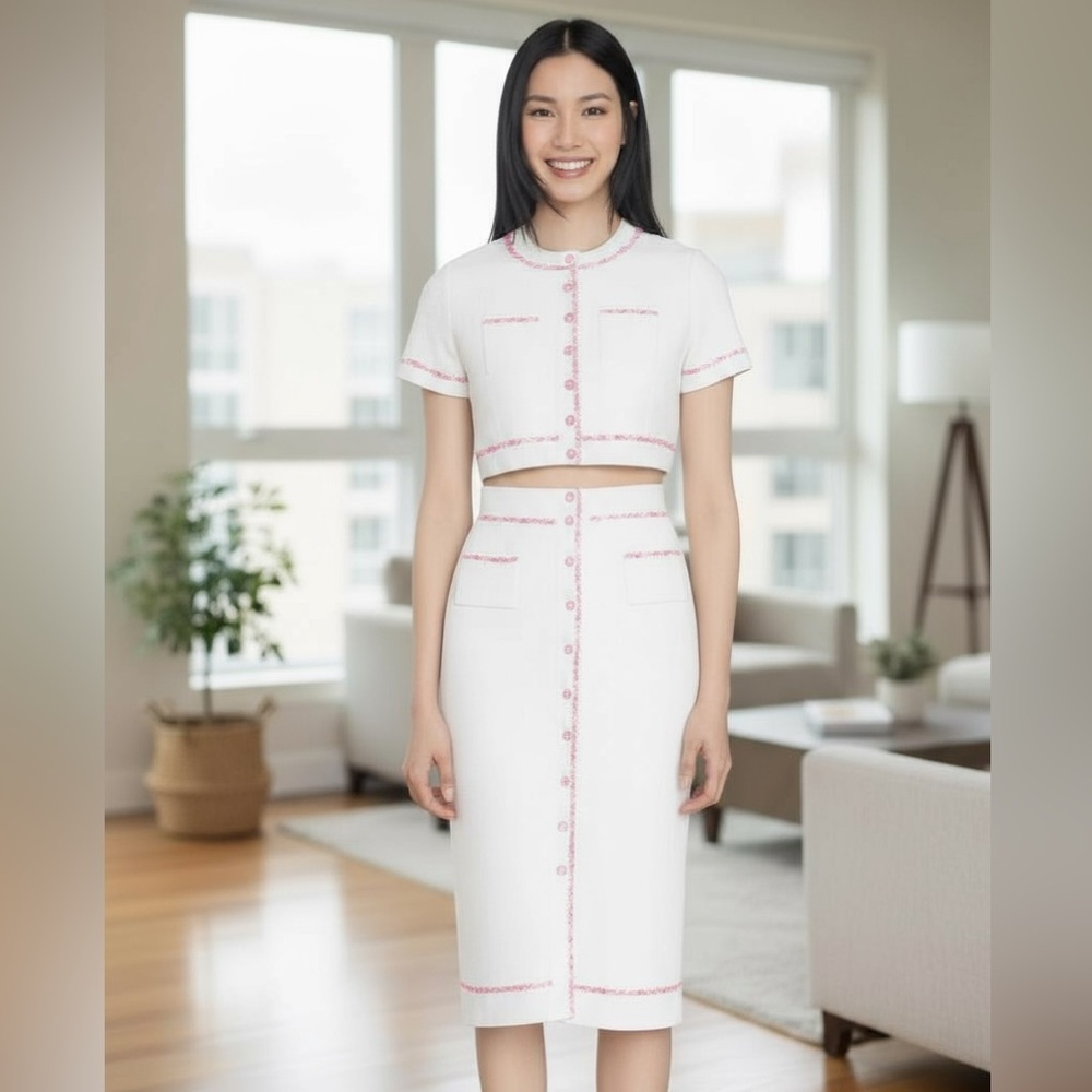NWT! SANDRO Elsa Ecru Elegant White Skirt Suit Pink Rhinestone Trim Fits U.S. 8 - Picture 6 of 6